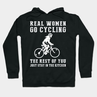 Pedal Power and Kitchen Humor! Real Women Go Cycling Tee - Embrace the Outdoors with this Hilarious T-Shirt Hoodie! Hoodie